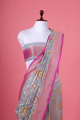 Grey & Pink Floral Jaal Woven Georgette Khaddi Silk Saree