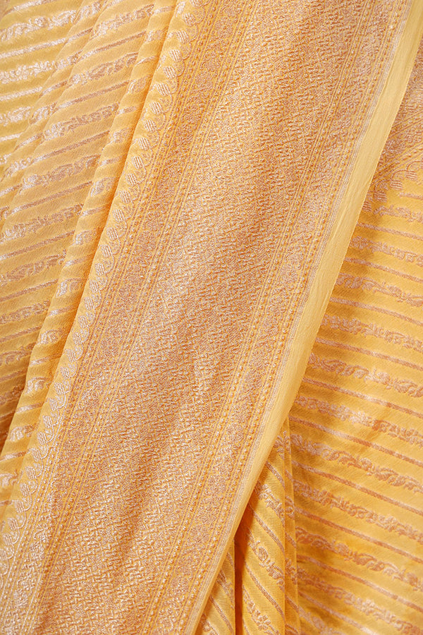 Deep Yellow Striped Woven Georgette Khaddi Silk Saree