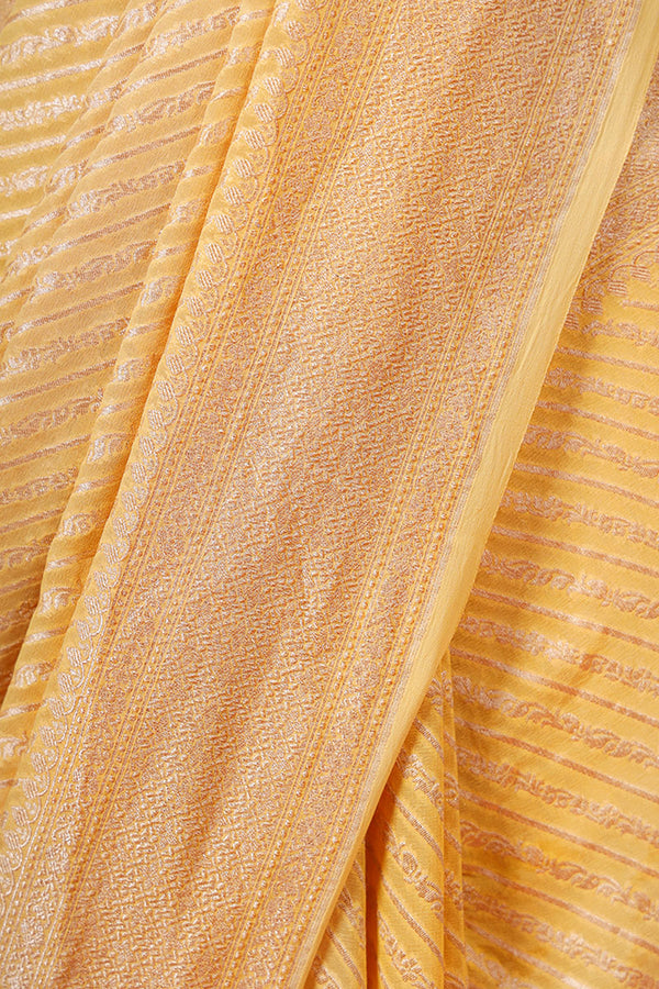 Light Yellow Striped Woven Georgette Khaddi Silk Saree