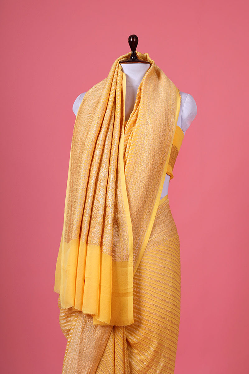 Light Yellow Striped Woven Georgette Khaddi Silk Saree