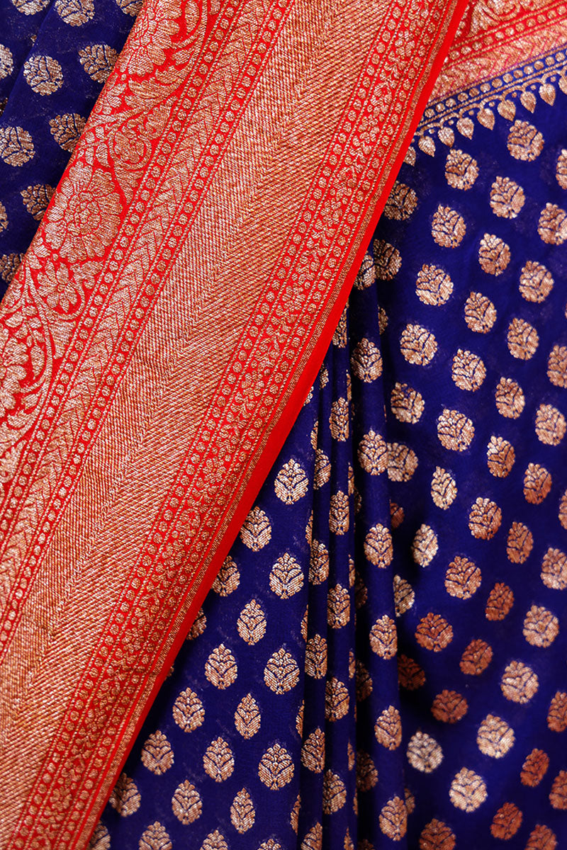 Navy Blue & Red Ethnic Handwoven Georgette Khaddi Silk Saree