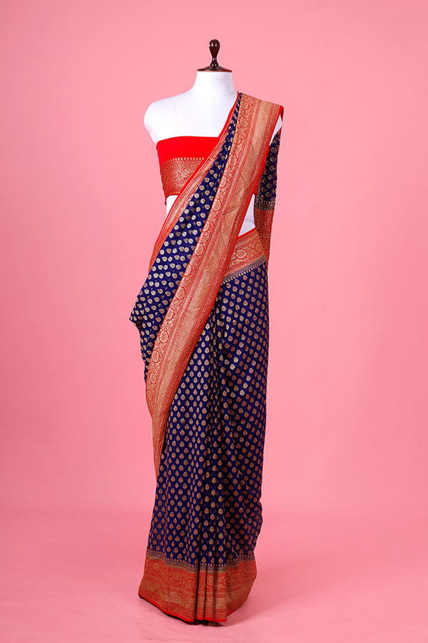 Blue & Red Georgette Silk Saree By Chinaya Banaras