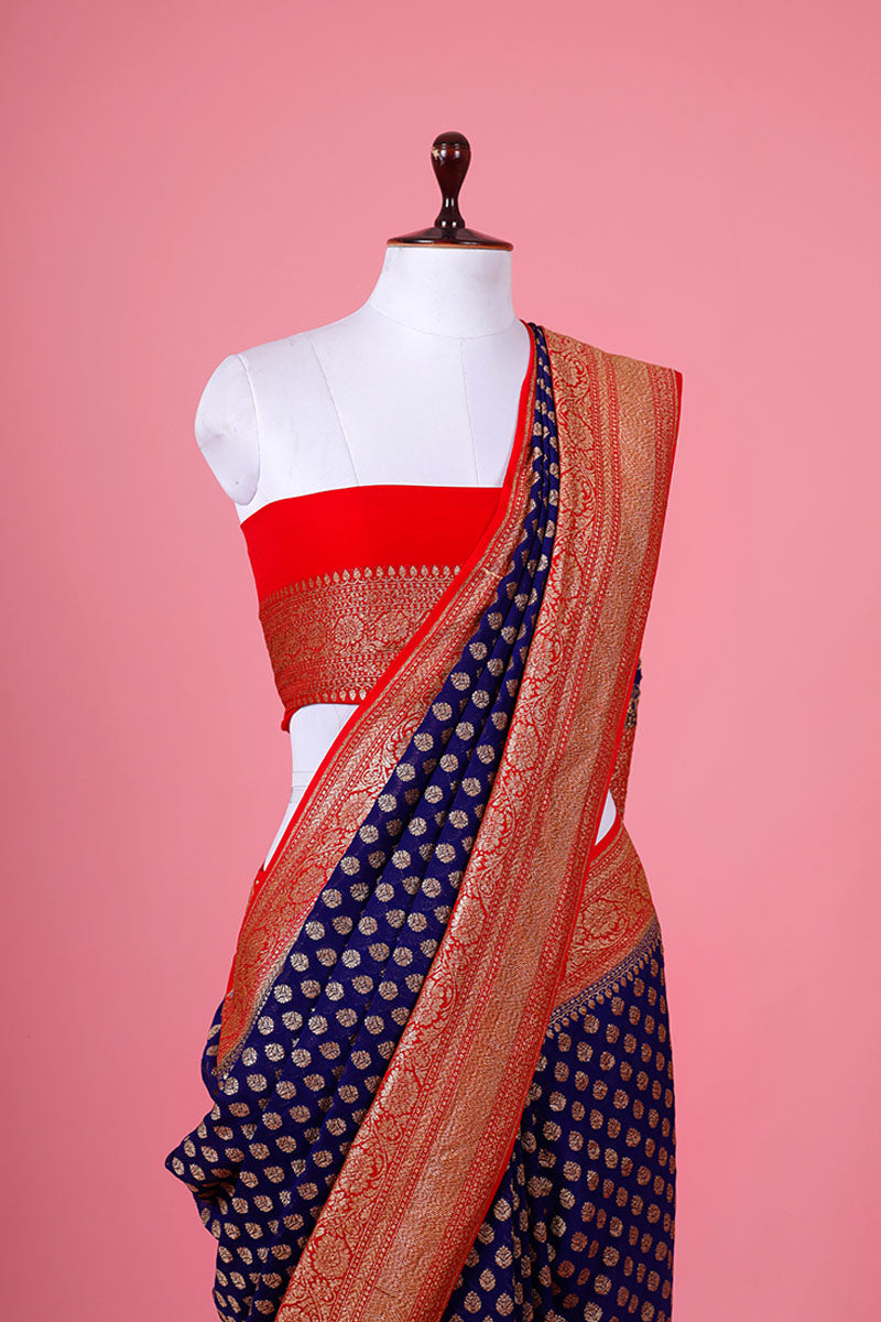 Navy Blue & Red Ethnic Handwoven Georgette Khaddi Silk Saree