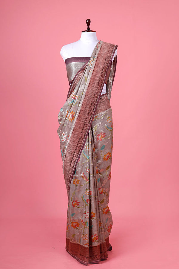 Grey Handwoven Tussar Khaddi Silk Saree By Chinaya Banaras