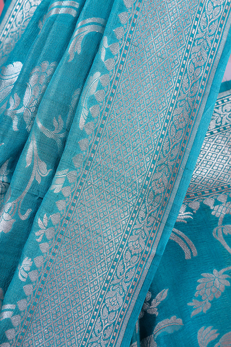 Sky  Blue Floral Jaal Handwoven Tussar Khaddi Silk Saree