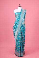  Blue Floral Jaal Handwoven Silk Saree By Chinaya Banaras