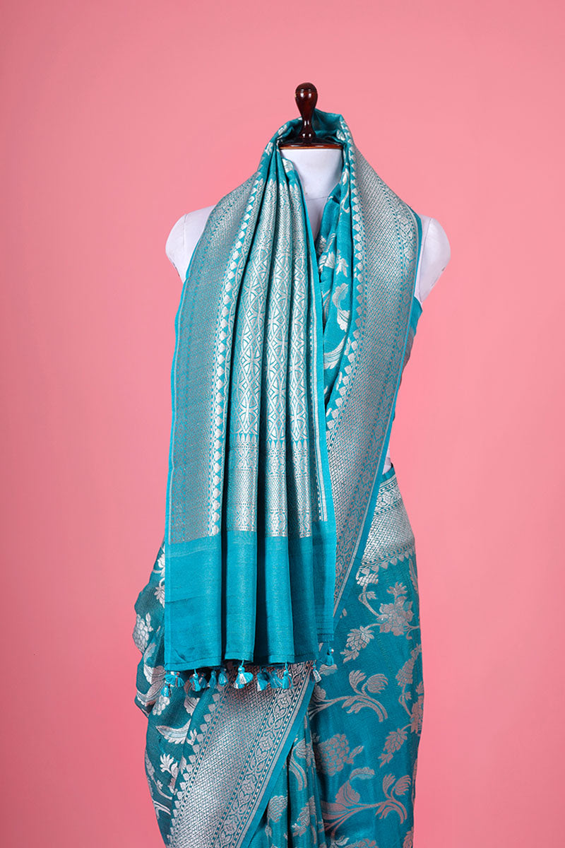 Sky  Blue Floral Jaal Handwoven Tussar Khaddi Silk Saree