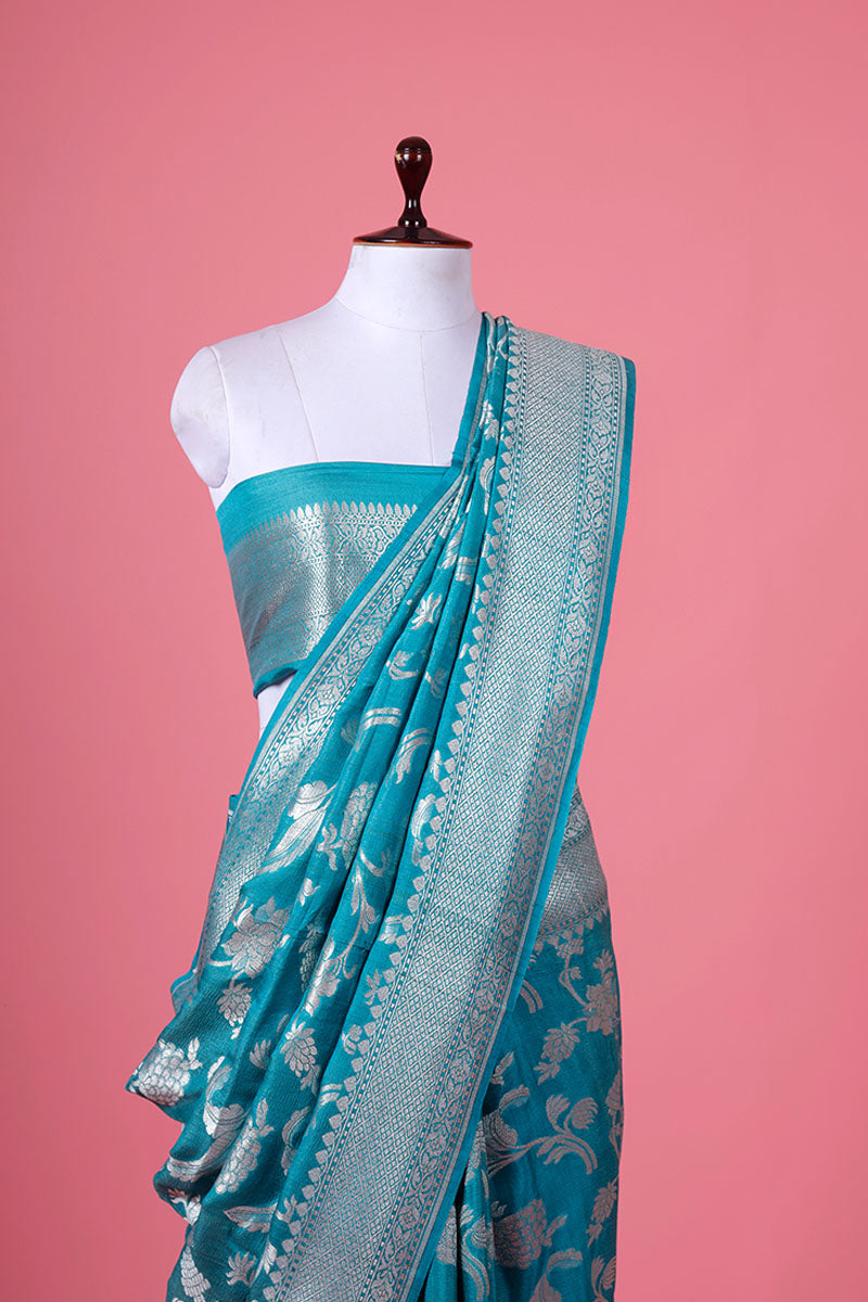 Sky  Blue Floral Jaal Handwoven Tussar Khaddi Silk Saree