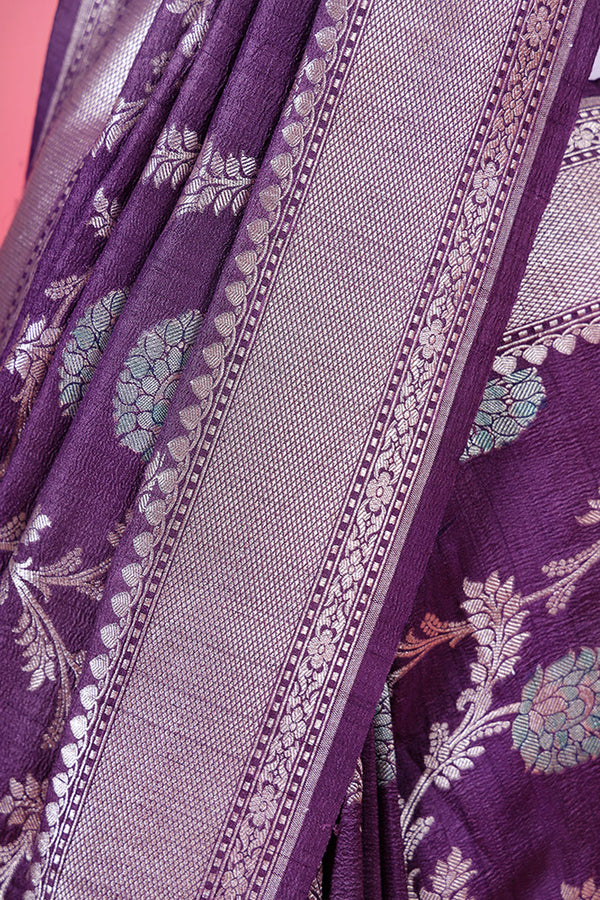 Dusty Purple Floral Jaal Handwoven Tussar Khaddi Silk Saree