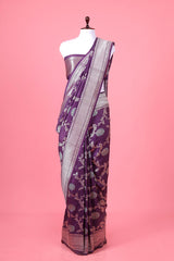 Purple Floral Jaal Handwoven Tussar Khaddi Silk Saree By Chinaya Banaras