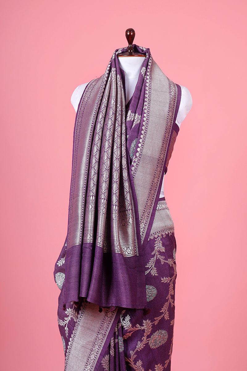 Dusty Purple Floral Jaal Handwoven Tussar Khaddi Silk Saree