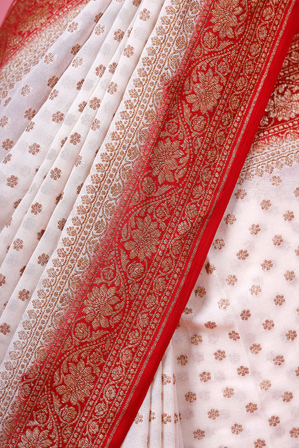 White & Red Ethnic Handwoven Georgette Khaddi Silk Saree