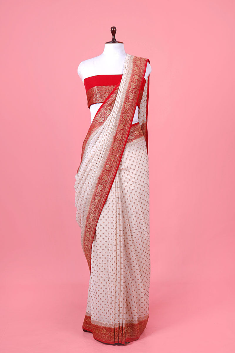 White & Red Silk Saree By Chinaya Banaras