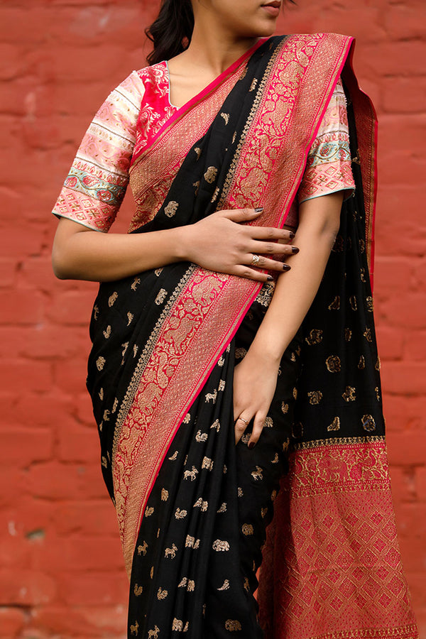 Black & Pink Shikargah Woven Crepe Khaddi Silk Saree