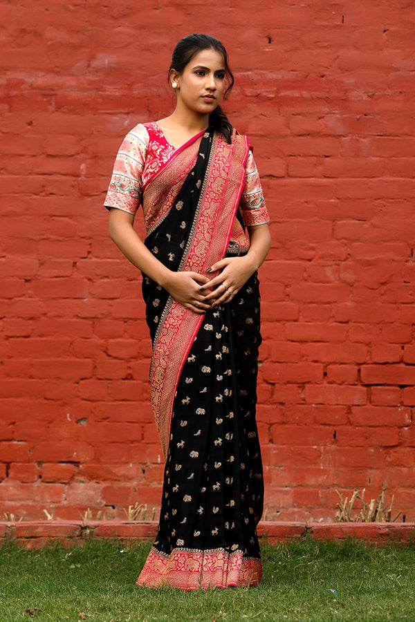 Black & Pink Woven Crepe Khaddi Silk Saree By Chinaya Banaras