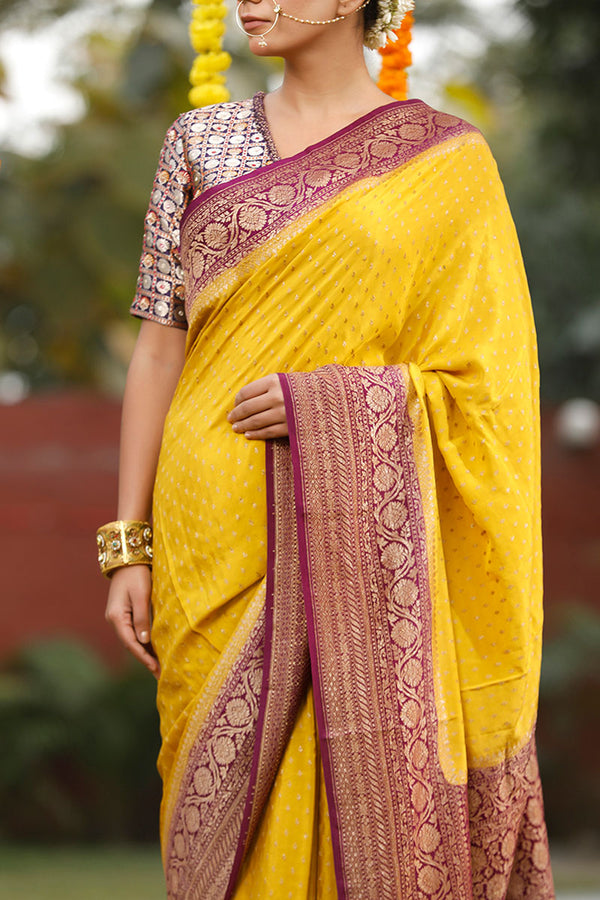 Mustard Yellow Handloom Crepe Banarasi Silk Saree