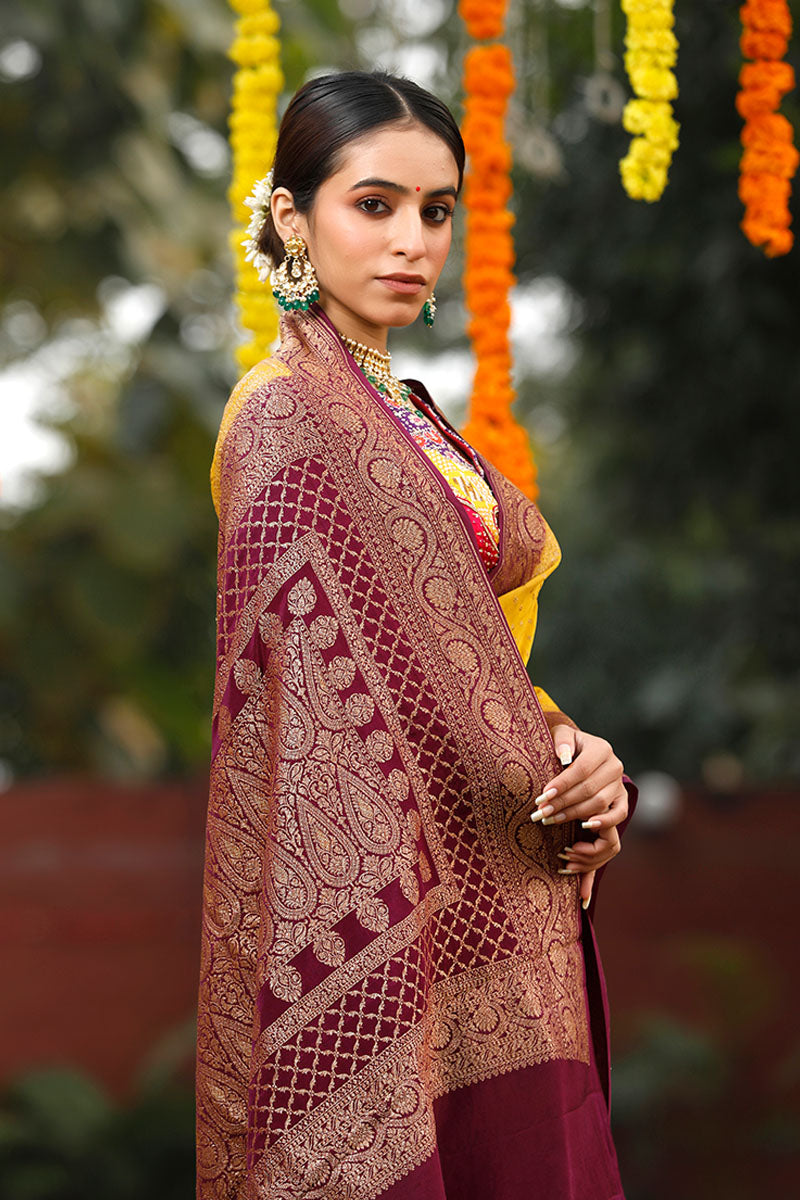 Deep Mustard Handloom Crepe Banarasi Saree