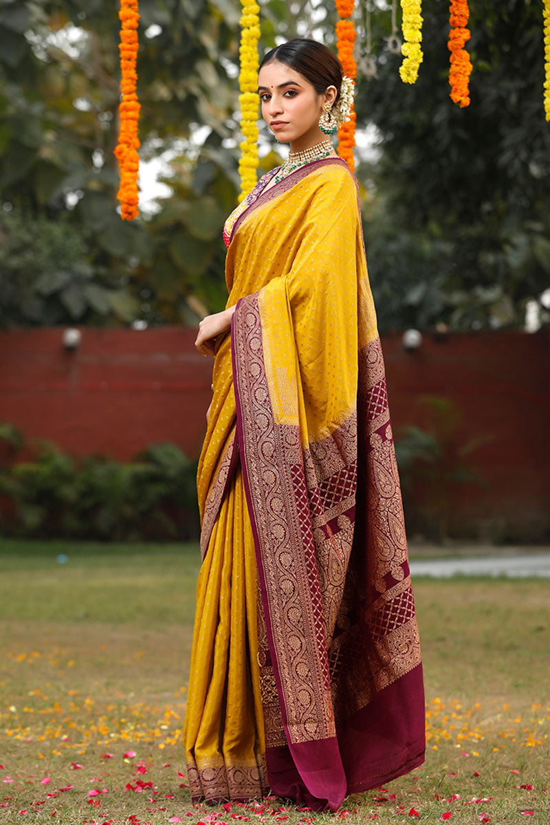 Deep Mustard Ethnic Handwoven Crepe Khaddi Silk Saree