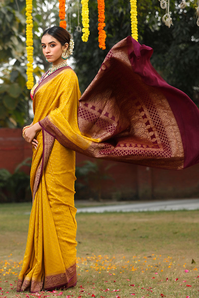 Deep Mustard Ethnic Handwoven Crepe Khaddi Silk Saree