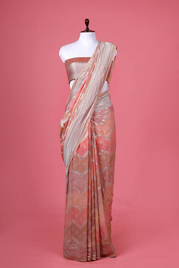 Peach Georgette Khaddi Silk Saree By Chinaya Banaras