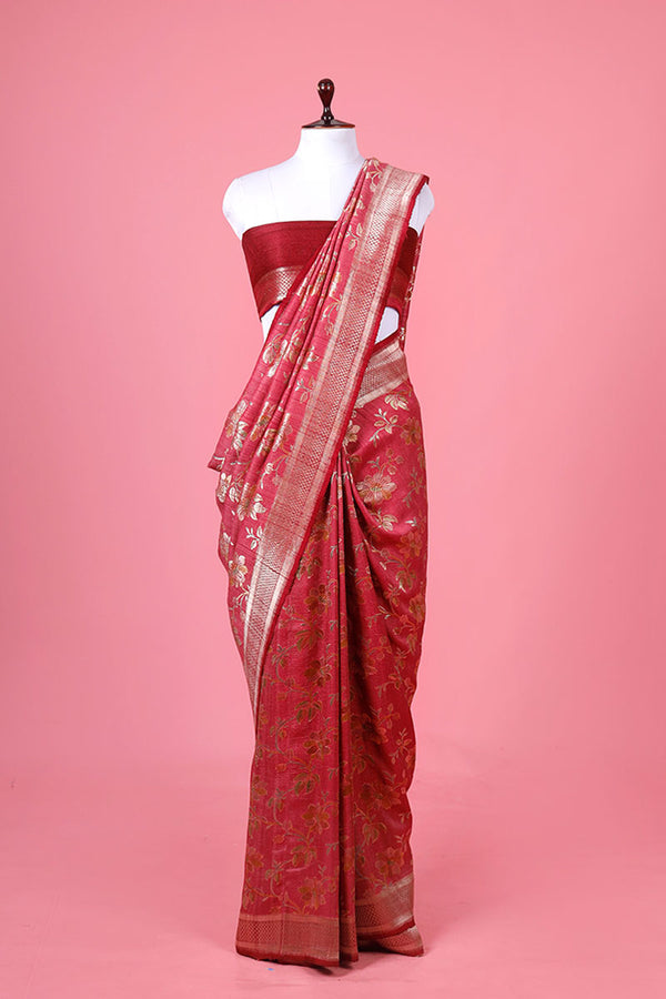Pink Floral Silk Saree By Chinaya Banaras