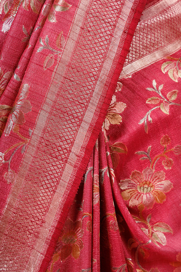 Onion Pink Floral Jaal Woven Tussar Khaddi Silk Saree