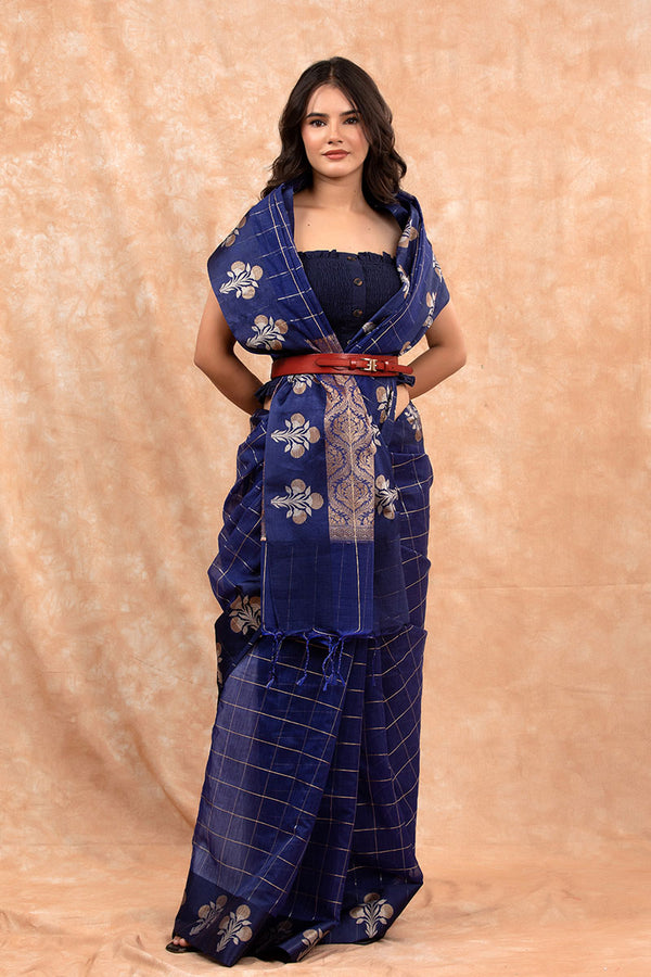 Women In Navy Blue Woven Banarasi Cotton Saree At Chinaya Banaras