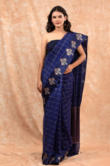 Navy Blue Checkered Woven Banarasi Cotton Saree - Chinaya Banaras
