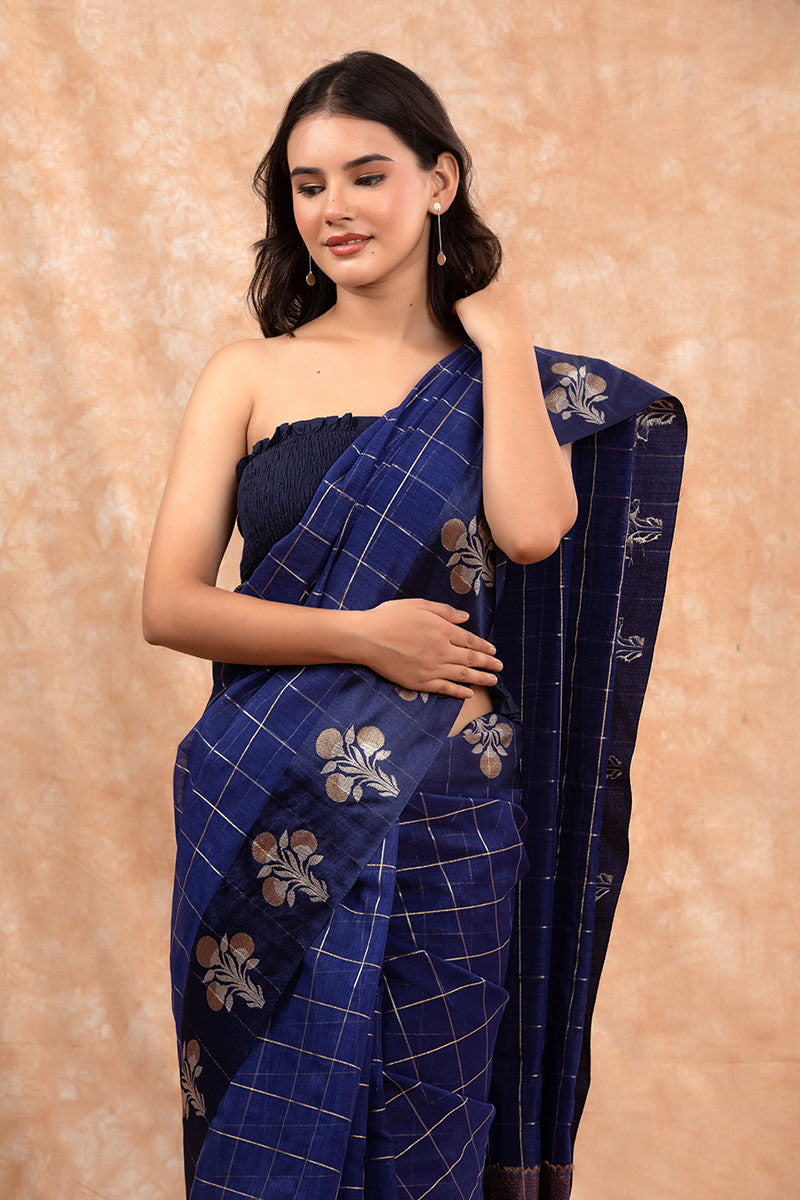 Navy Blue Checkered  Woven Banarasi Cotton Saree