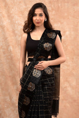 Black Checkered  Woven Banarasi Cotton Saree