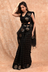 Black Checkered  Woven Banarasi Cotton Saree