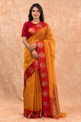 Women In Mustard Yellow Woven Banarasi Cotton Saree At Chinaya Banaras