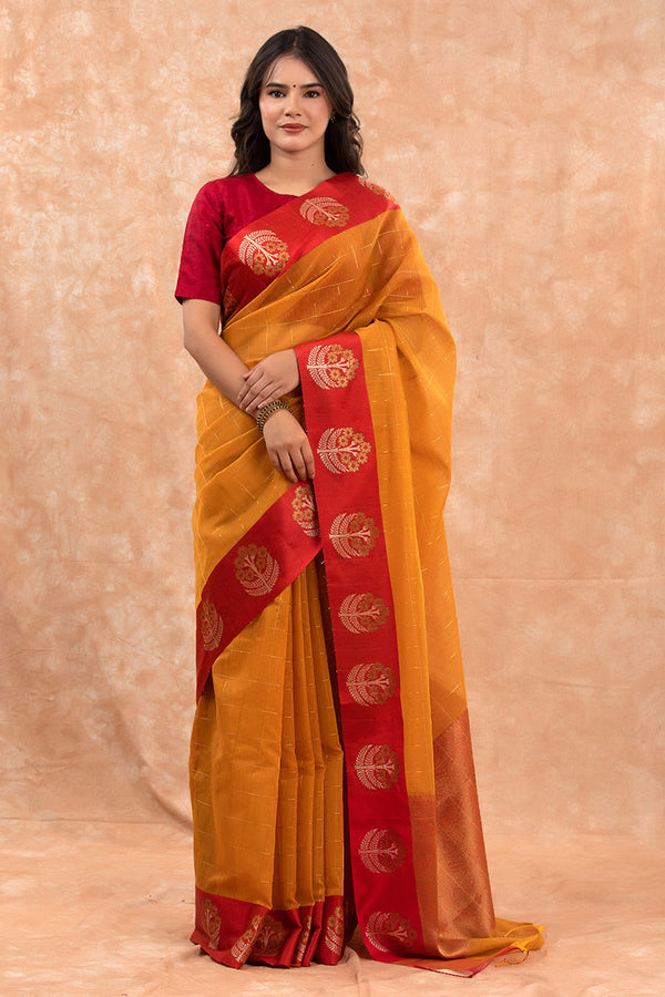 Women In Mustard Yellow Woven Banarasi Cotton Saree At Chinaya Banaras