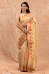 Women In Golden Beige Woven Banarasi Cotton Saree At Chinaya Banaras