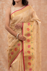 Golden Beige Woven Banarasi Cotton Saree - Chinaya Banaras