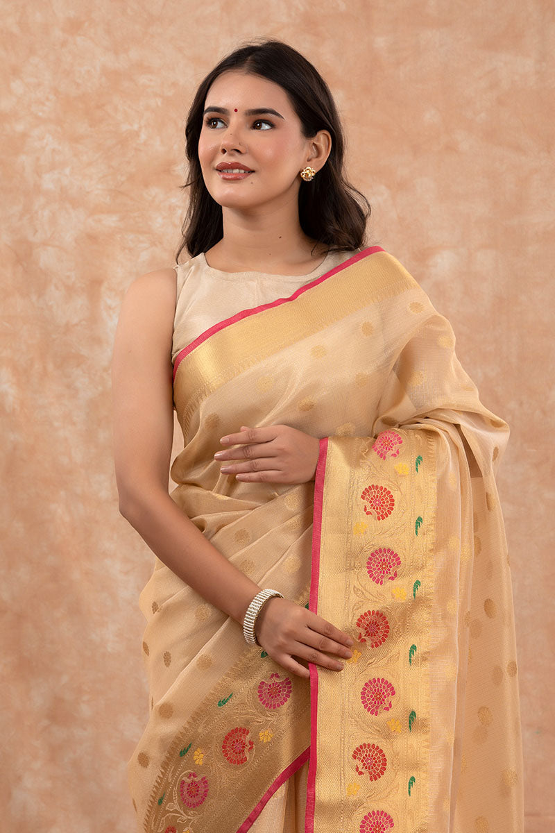 Golden Beige Woven Banarasi Cotton Saree - Chinaya Banaras