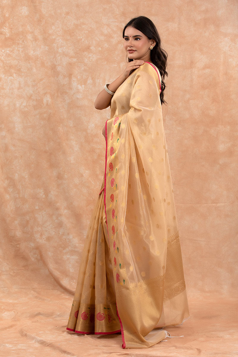 Golden Beige Woven Banarasi Cotton Saree - Chinaya Banaras