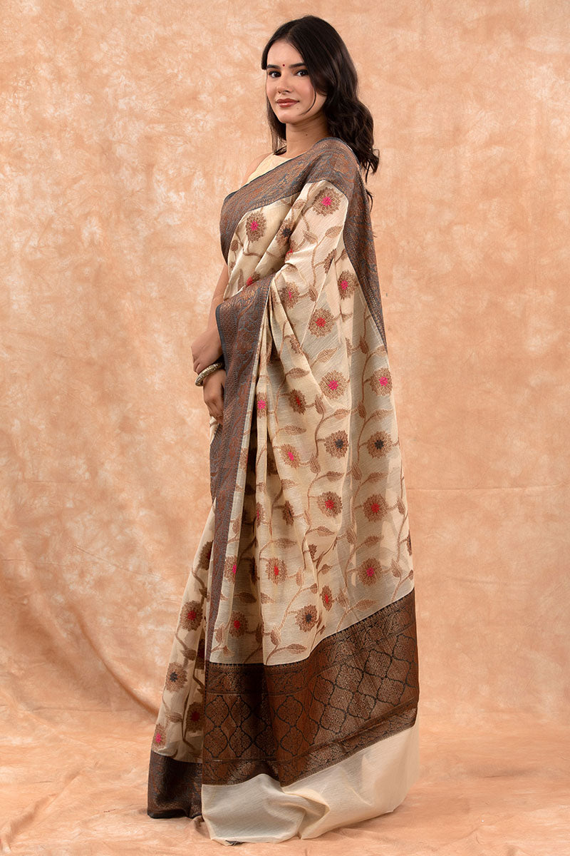 Cream & Grey Ethnic Woven Banarasi Cotton Saree - Chinaya Banaras