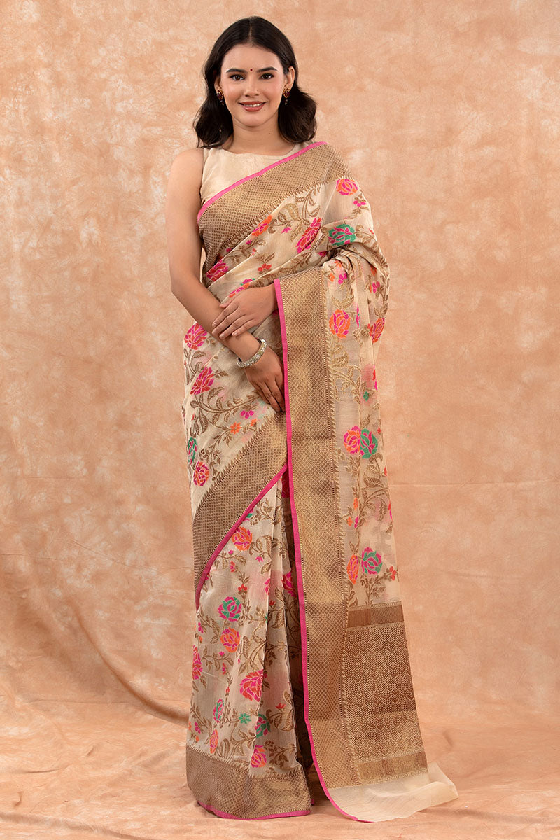 Coffee Cream Woven Banarasi Cotton Saree