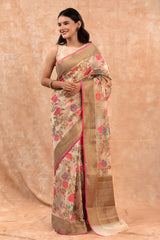 Coffee Cream Woven Banarasi Cotton Saree - Chinaya Banaras