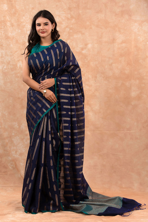 Women In Blue Striped Woven Banarasi Cotton Saree At Chinaya Banaras