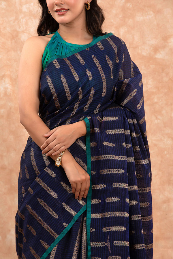 Sapphire Blue Striped Woven Banarasi Cotton Saree - Chinaya Banaras