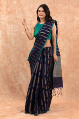 Sapphire Blue Striped Woven Banarasi Cotton Saree