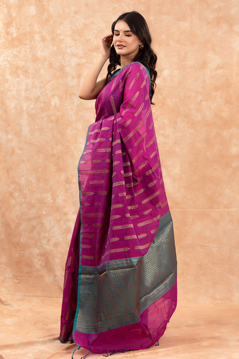 Raspberry Pink Striped Woven Banarasi Cotton Saree - Chinaya Banaras