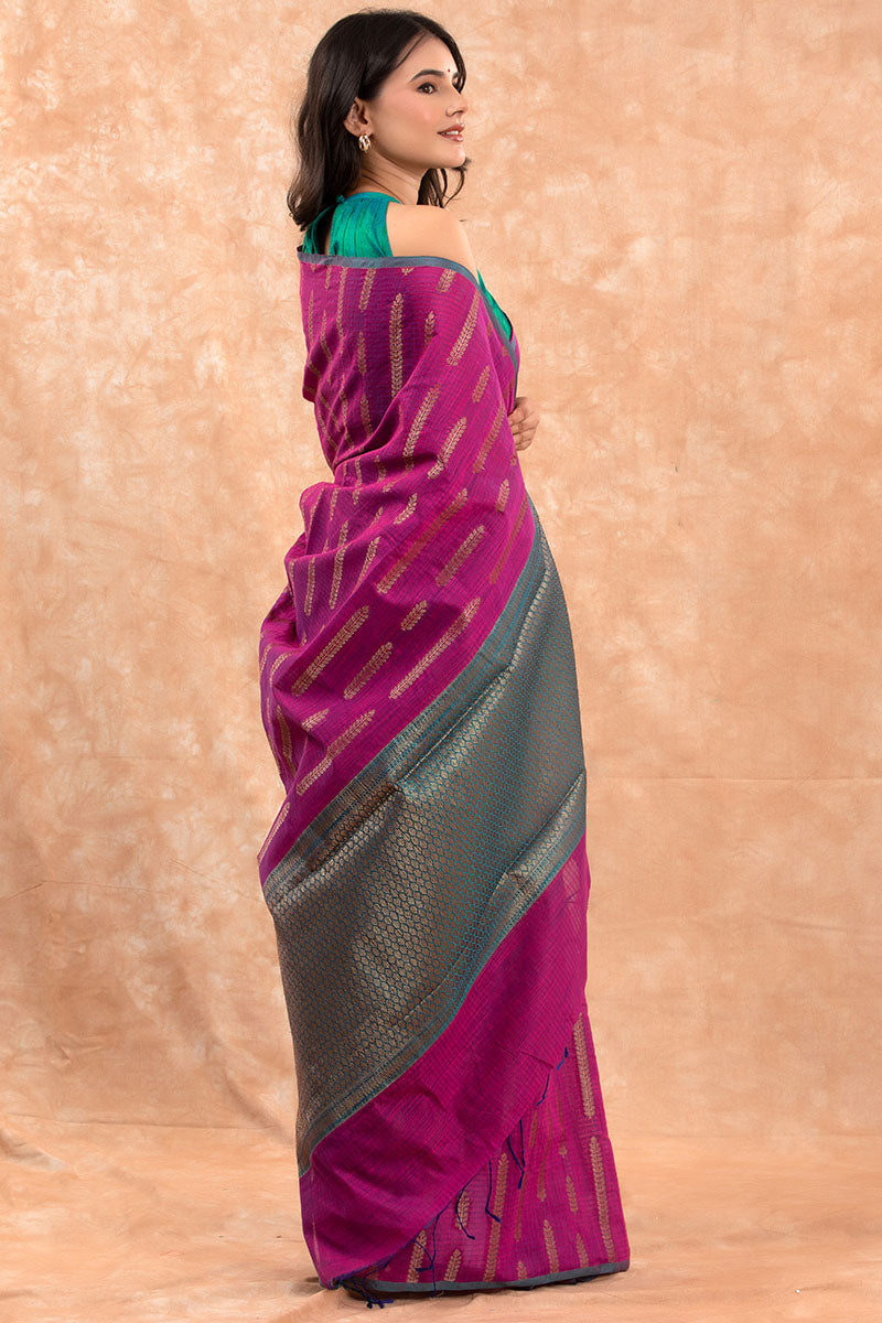 Raspberry Pink Striped Woven Banarasi Cotton Saree