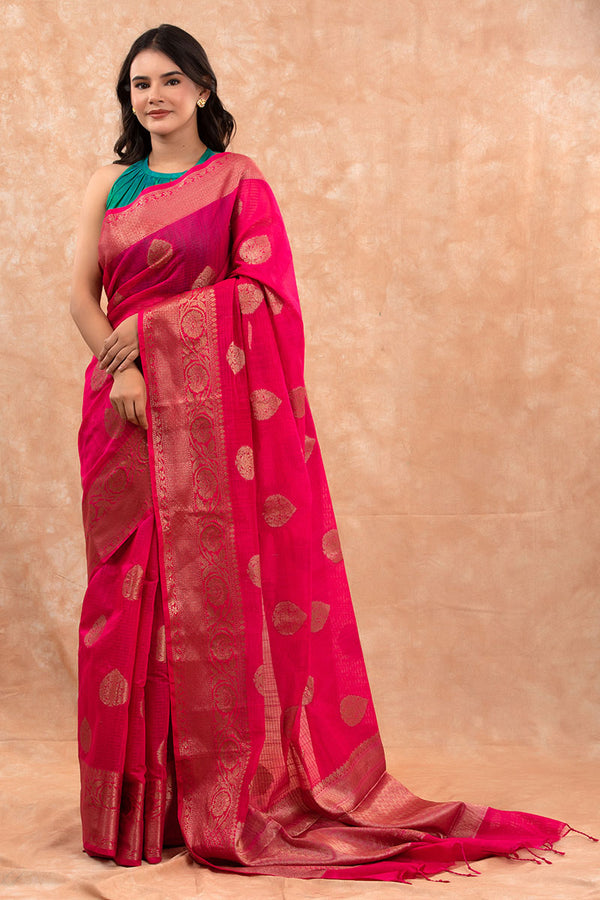 Women In Pink Woven Banarasi Cotton Saree At Chinaya Banaras