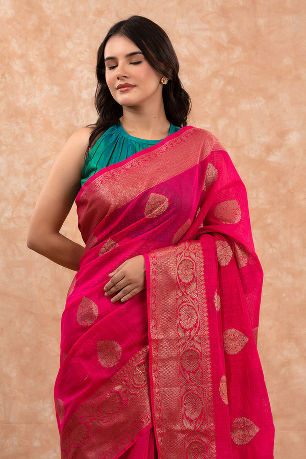 Fuchsia Pink Woven banarasi Cotton Saree - Chinaya Banaras