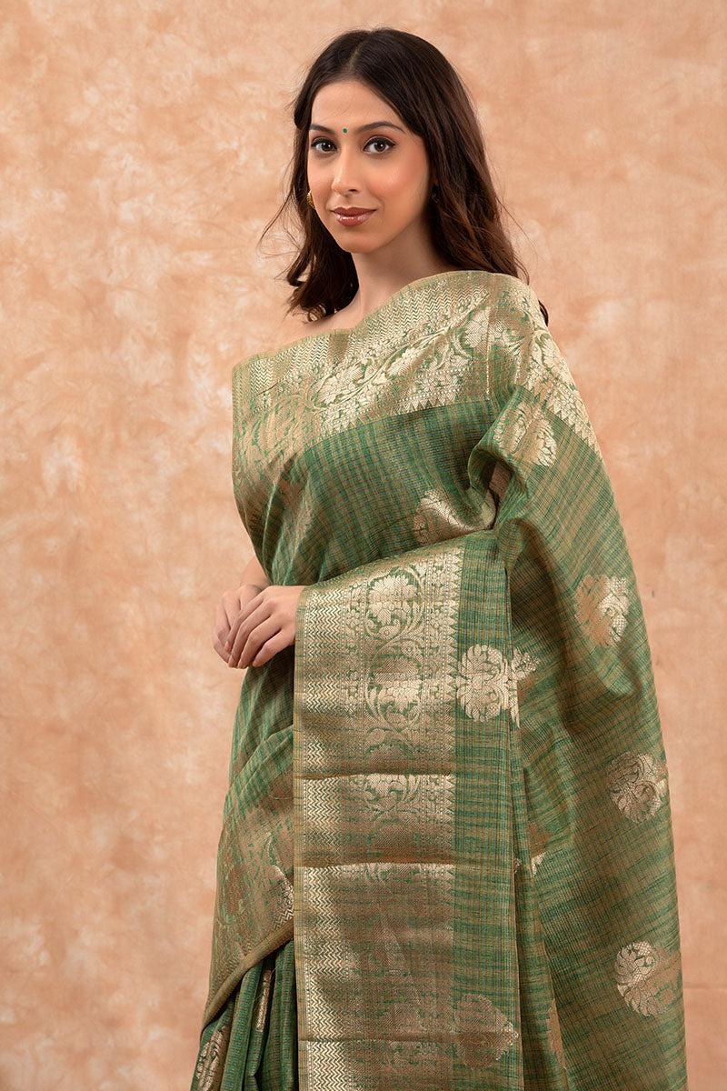 Olive Green Woven Banarasi Cotton Saree - Chinaya Banaras