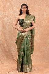 Women In Green Woven Banarasi Cotton Saree At Chinaya Banaras