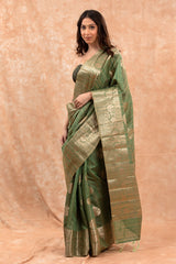 Olive Green Woven Banarasi Cotton Saree